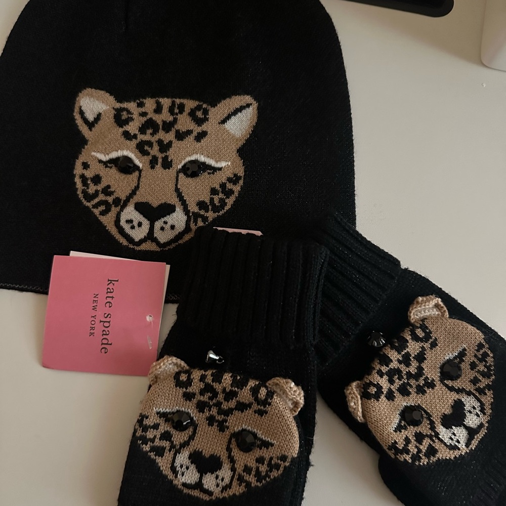 Kate Spade Black Leopard Hat and Mittens Set